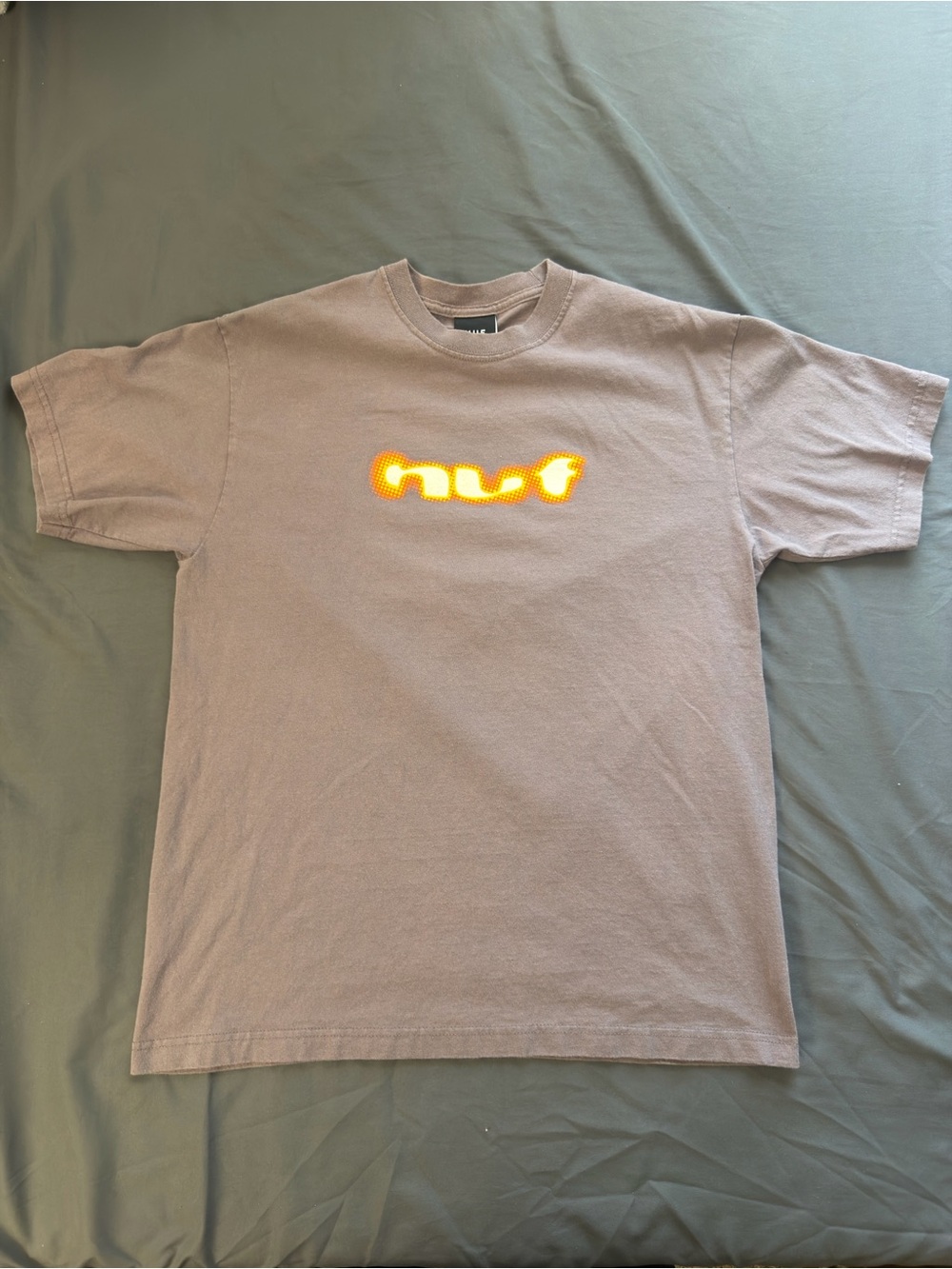 HUF Taupe Crewneck with Bright Yellow-Orange Logo